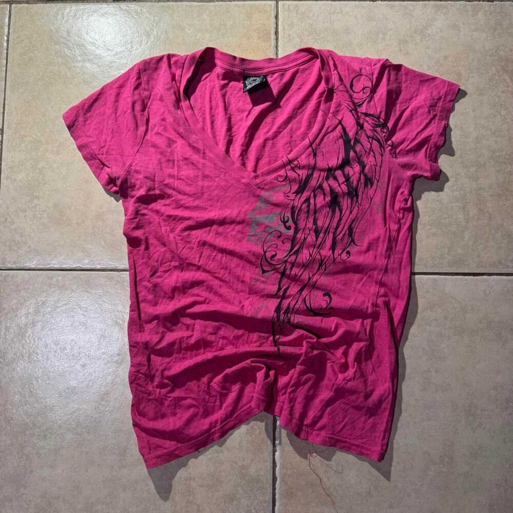 Y2k pink v neck metal mullisha tee Size 44 in Womens